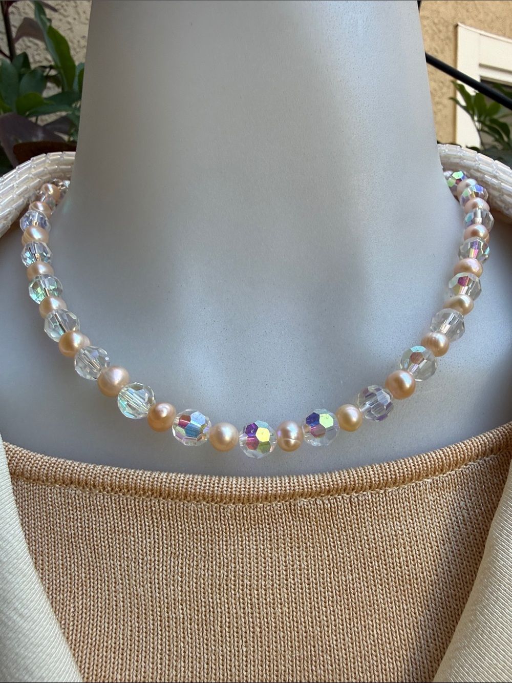 Vintage Pearl and Aurora Crystal Necklace - Gold Tone
